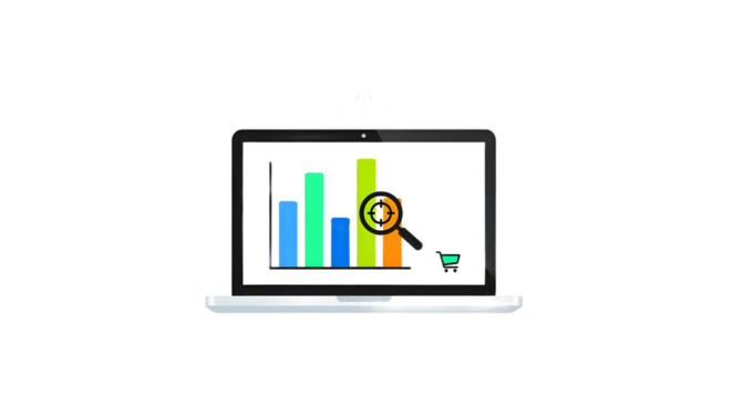 Laptop displaying a bar graph with a magnifying glass and shopping cart