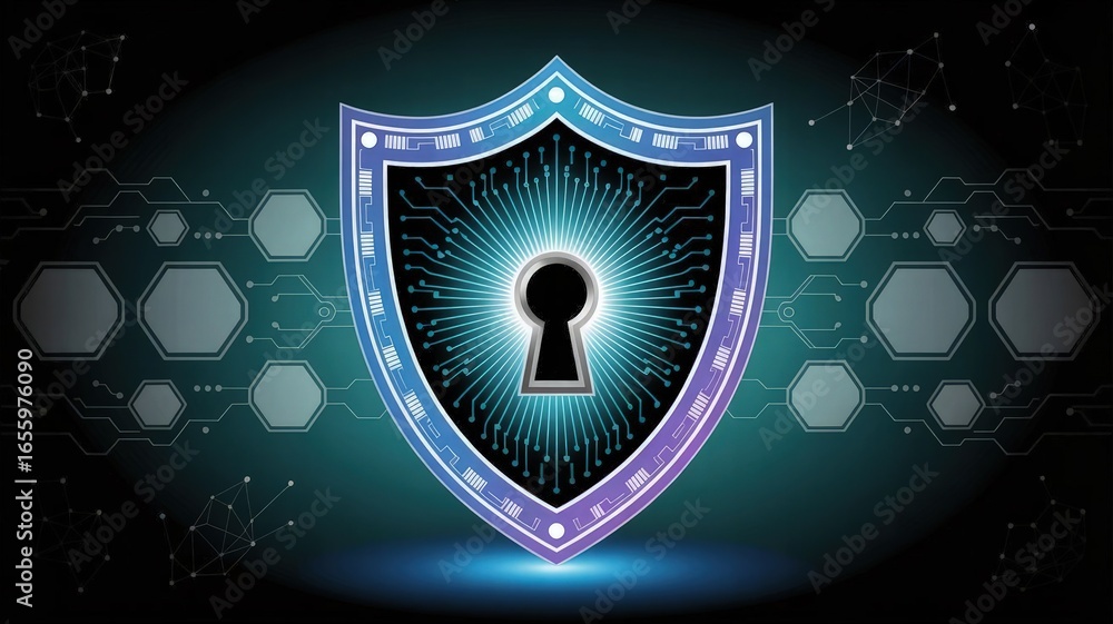 Poster cyber security shield: a digital representation of cyber security, with a stylized shield featuring 