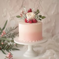 Naklejka premium An elegant ombre cake features a gradient of pink hues, raspberries, and silver leaf. Displayed on a white stand with a pastel backdrop and natural lighting