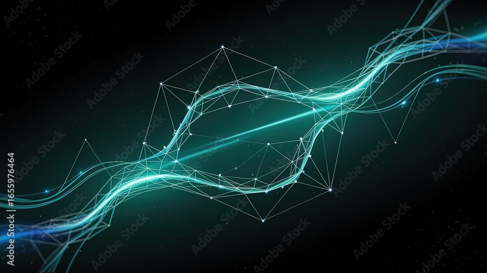 Poster digital network flow visualization: dynamic, digital lines create a network pattern against a dark b