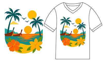 Vector illustration of a vibrant tropical beach with palm trees by the sea