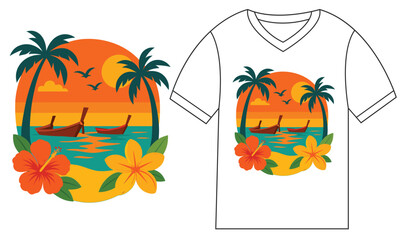 Autumnal pumpkin harvest on a tropical beach with palm trees and a floral background