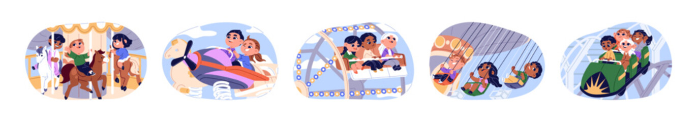 Happy children on carousels set. Kids ride roundabout, rollercoaster, spring rider in amusement park. Friends have fun on carrousels together. Flat isolated vector illustrations on white background.