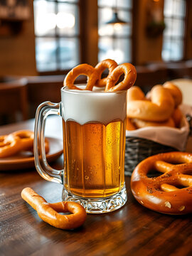 beer mug with pretzels and bread on wooden table