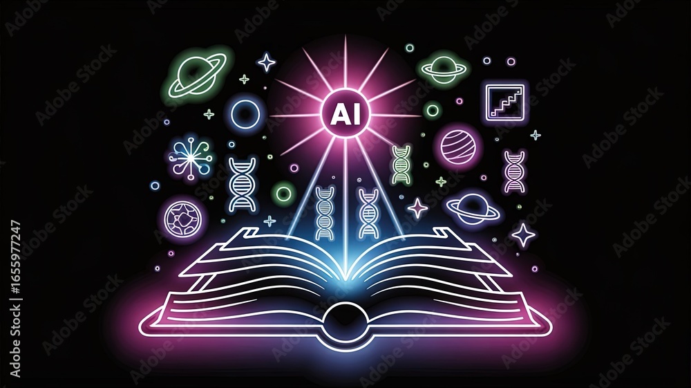 Poster ai knowledge unveiled: an artistic representation of artificial intelligence illuminating a book of 