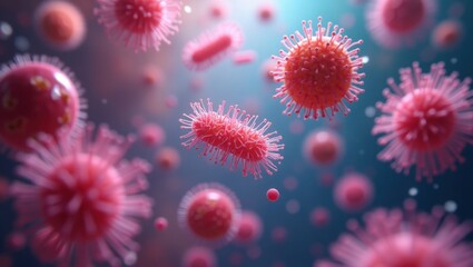 Pink microorganisms and bacteria in 3D, detailed scientific illustration with realistic textures and blue background, high resolution, 4K