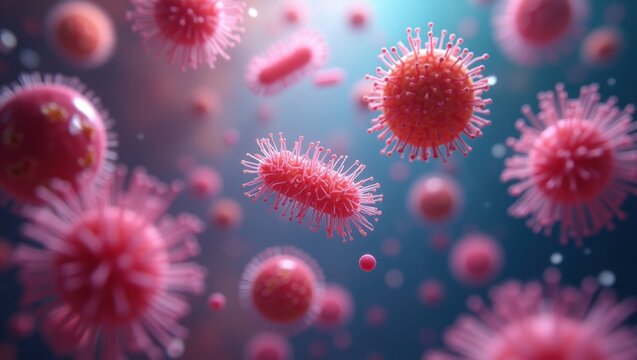 Pink microorganisms and bacteria in 3D, detailed scientific illustration with realistic textures and blue background, high resolution, 4K	
