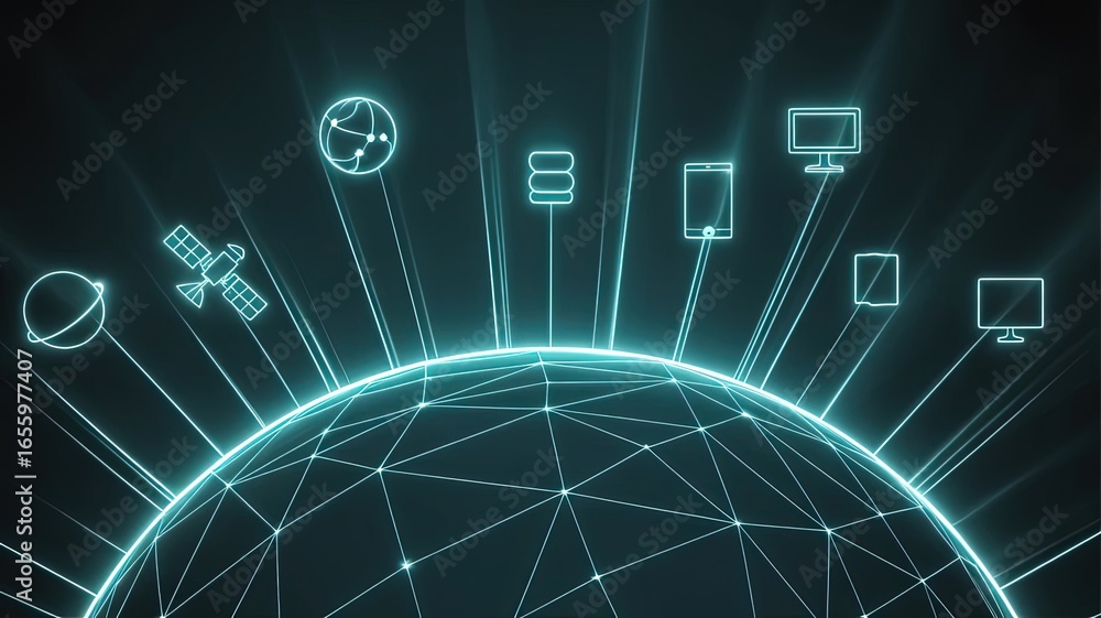 Poster digital world connectivity: a luminous depiction of a networked globe, showcasing interconnected dev