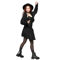 3D rendered female character in gothic fashion, wearing a black dress, coat, stockings, and boots with a pentagram choker, isolated on transparent background. 