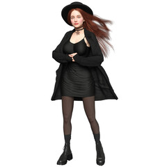 3D rendered female character in gothic fashion, wearing a black dress, coat, stockings, and boots with a pentagram choker, isolated on transparent background. 