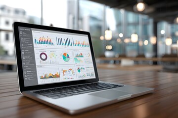 Fototapeta premium research data and info on laptop screen with charts plots in a sleek workspace