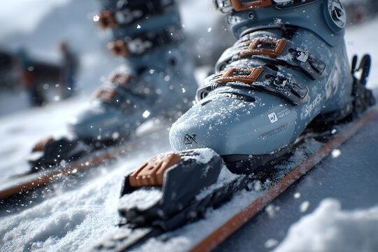 ski bindings gleam and textured boots sink into powder like velvet pillows for marketing.