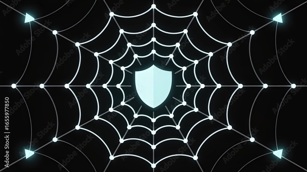 Poster Digital Shield: A digital representation of a shield, encased within a web of interconnected lines and points, symbolizing cybersecurity and data protection.