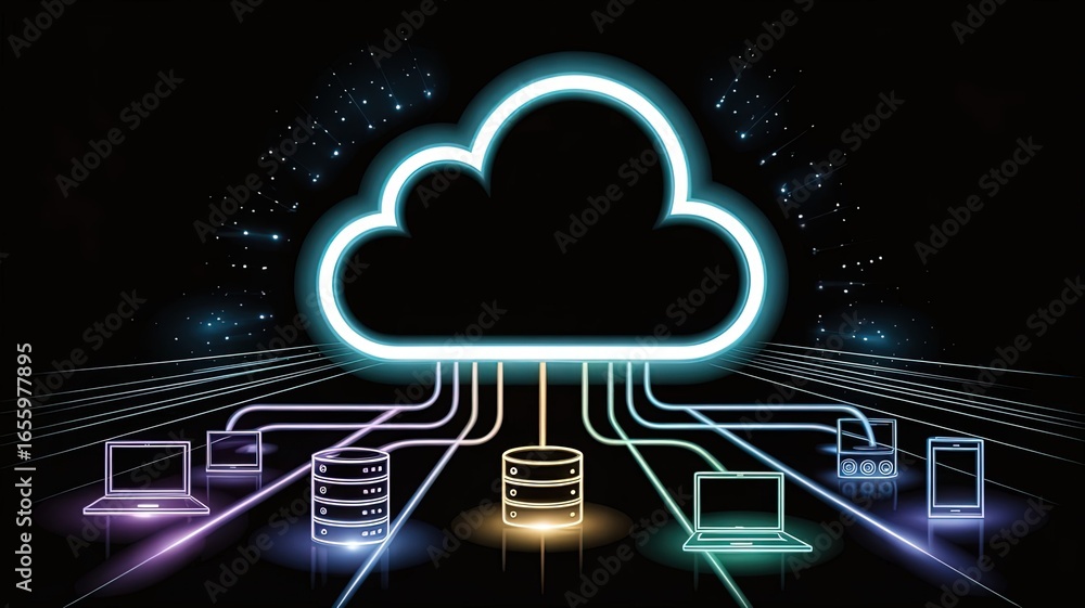 Poster cloud computing and connectivity: an image showcases the concept of cloud computing, with a luminous