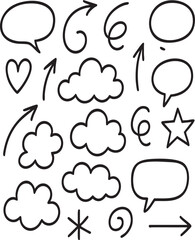 Doodle vector design set with cartoon-style arrows, clouds, and sketchy bubbles.