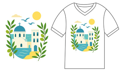Vector cartoon t-shirt design with a cute house and a colorful tree