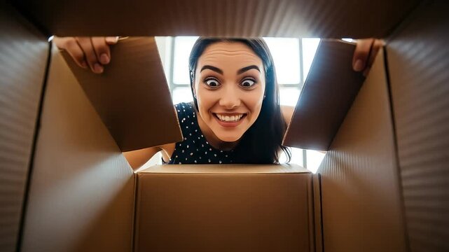 Excited young woman with a surprised expression opening a cardboard box, looking inside with anticipation and joy, captured from the perspective of the box
