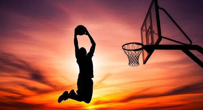 Silhouette of basketball player dunks against sunset. Orange sky creates action shot for sports branding, posters.