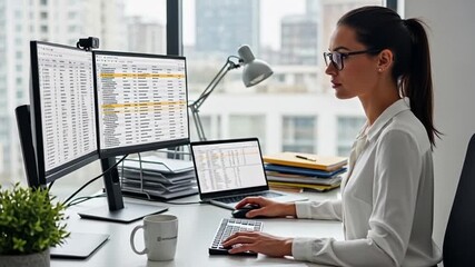 Woman Working at Desk on Dual Monitors Typing on Keyboard in Office - Powered by Adobe