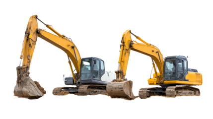 Two yellow excavators with attachments on a white isolated background.