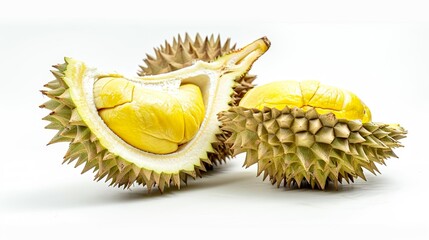 Fototapeta premium A Cut Open Durian: Spiky Exterior Split to Reveal Creamy, Pungent Flesh—Tropical King of Fruits Unveiling Its Rich, Aromatic Pulp in All Its Unique Glory
