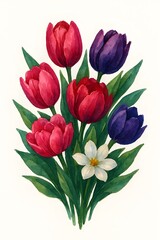 Fototapeta premium Watercolor bouquet of tulips featuring vibrant red and purple blossoms with a delicate white flower, surrounded by lush green leaves. Hand-painted botanical illustration, elegant floral composition 