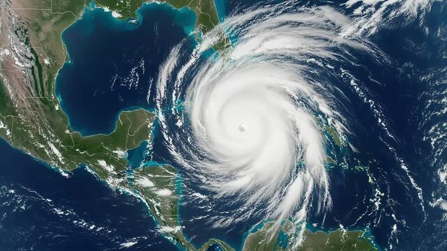 A powerful category 5 hurricane seen from space, showcasing its massive swirling clouds and intense eye over the ocean, a formidable display of natures destructive power