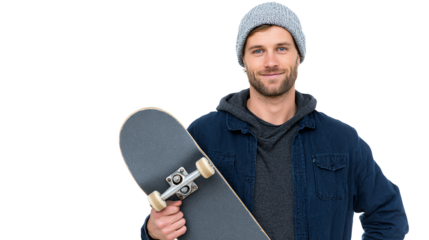 Young man with skateboard, smiling confidently, casual outfit, urban style, isolated on white background.