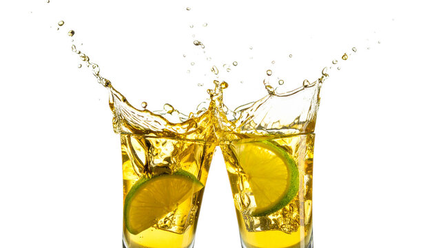 Glasses shot of tequila making toast with splash isolated on solid white background in Png form