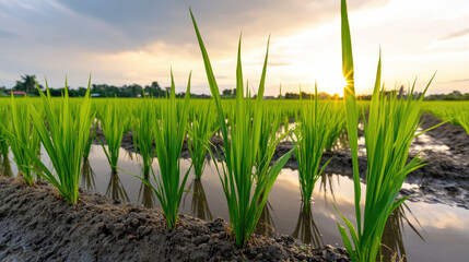 Young rice plants thrive in a flooded paddy field, illuminated by the warm glow of the setting sun, creating a vibrant scene of agricultural abundance during the harvest season