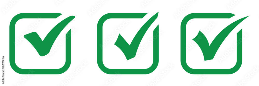 Poster check box icon with correct, accept checkmark icons green tick box, check list frame, checkbox symbo