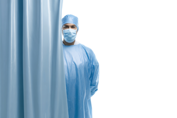 Medical professional in blue scrubs looking from behind a curtain, isolated on white background.