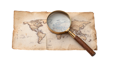 Vintage world map with magnifying glass, perfect for exploration and adventure themes.