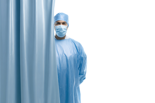 Medical professional in blue scrubs looking from behind a curtain, isolated on white background.