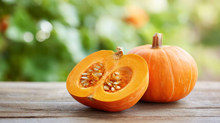 Cut in half ripe orange pumpkin on wooden table in garden