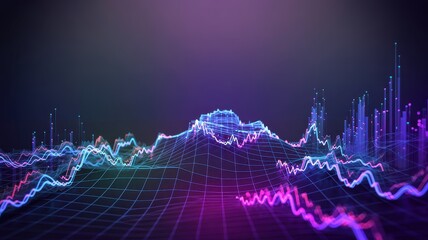 Abstract Digital Landscape of Financial Data Visualization with Glowing Lines and Particles Representing Market Trends
