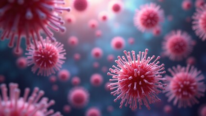 Pink microorganisms and bacteria in 3D, detailed scientific illustration with realistic textures and blue background, high resolution, 4K	
