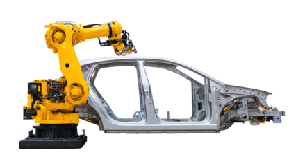 Yellow robotic arm working on a car frame, white isolate background.