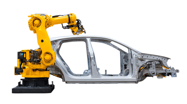 Yellow robotic arm working on a car frame, white isolate background.