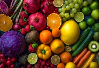 Colorful assortment of fresh fruits and vegetables including citrus, grapes, berries, cabbage, cucumber and peppers. Ideal for nutrition concepts, grocery retail, organic branding, packaging.