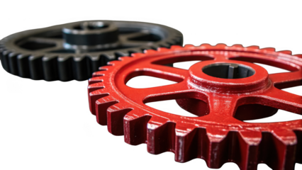 Two metallic gears one red and one dark grey interlocking and isolated on transparent background