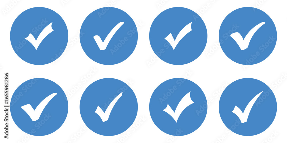 Aufkleber check box icon with correct, accept checkmark icons blue tick box, check list circle frame. checkbox