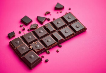 Shattered dark chocolate bar on vibrant pink background,  backdrop,  still life