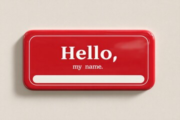 Red name tag with the words "Hello, my name," and a blank space