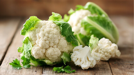 Raw cauliflower on wooden table. Healthy plant based diet