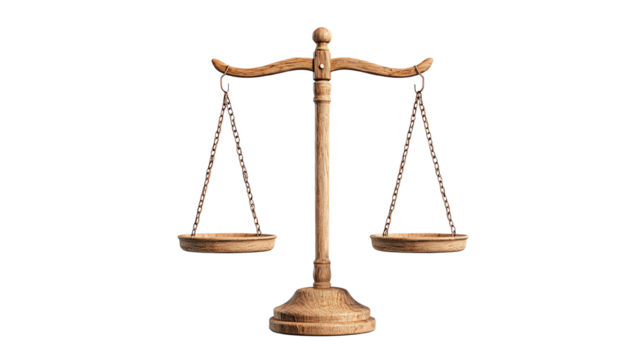Wooden scales symbolizing justice on a white isolated background.