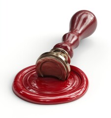Wooden wax seal stamp pressed into melted red wax. Used for branding, documents or invitations. Symbol of authenticity, authority and certification.