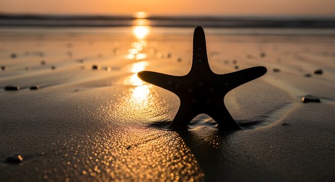 Golden light illuminates a starfish on wet sand, creating bokeh and shadows for summer themes, travel posters, or coastal branding.