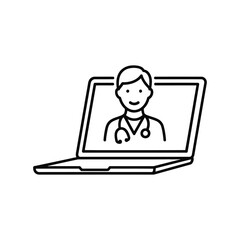 Telemedicine Doctor on Laptop Line Art Vector Icon Isolated on White