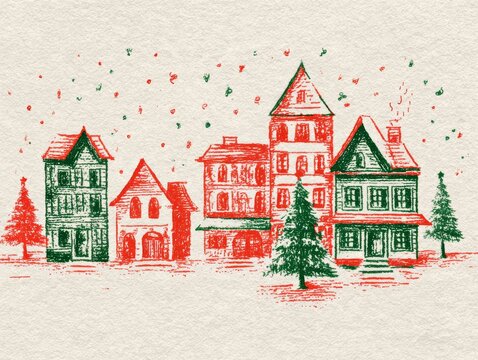 Christmas town street with snowy rooftops, decorated trees. Hand drawn snowy village perfect for cards, wrapping and seasonal prints. Textured retro style red and green hues illustration. - Powered by Adobe